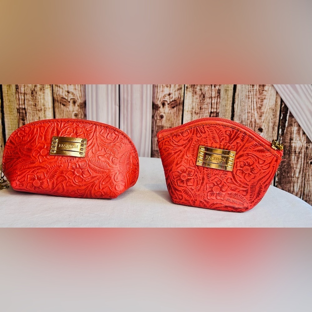 COSMETIC BAG & COIN Bag, LEATHER Cosmetic Pouch, Hand tooled, Artesanal (B) - Picture 1 of 9